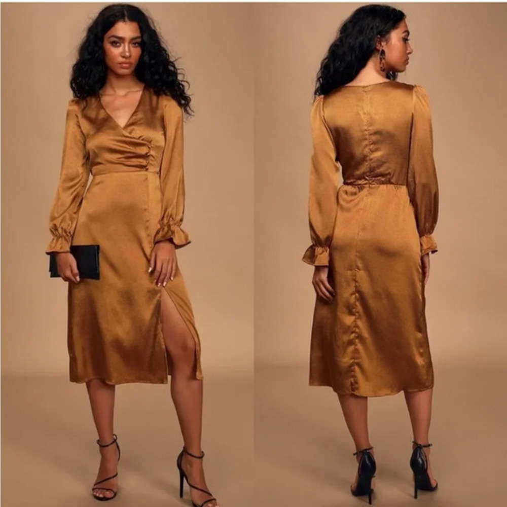 Lulu’s 4SI3NNA Brielle Bronze Satin Long Sleeve Midi Dress in Bronze Copper